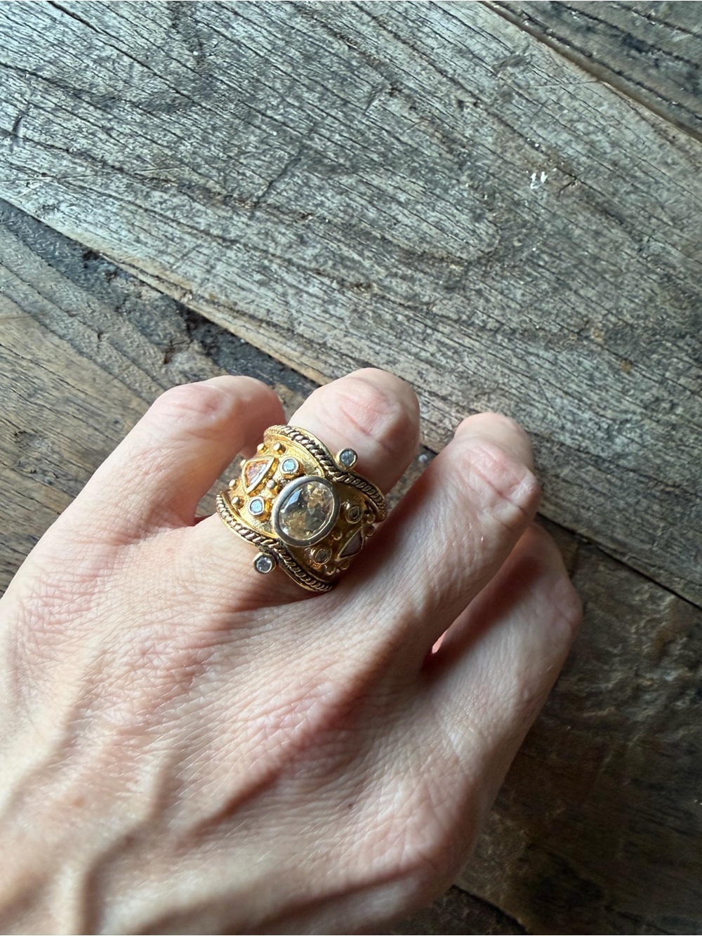 Vintage Gold Statement Ring with Clear Center Stone